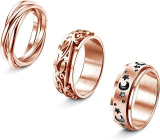 3 Pcs Spinner Rings for Women Stainless Fidget Band Rings Set Triple Interlocked Rolling Moon Star Womens Ring for Stress Relieving Wedding Promise Si