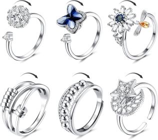 6Pcs Fidget Spinner Rings Anxiety Rings for Women Cubic Zirconia Flower Pearl Adjustable Rotatable Meditation Rings for Calming Worry Relieving Stress